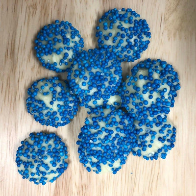 White Chocolate speckles with Blue Non Pareils