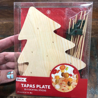 3d Wooden Christmas Tree tapas plate with GREEN Christmas tree topped cocktail sticks