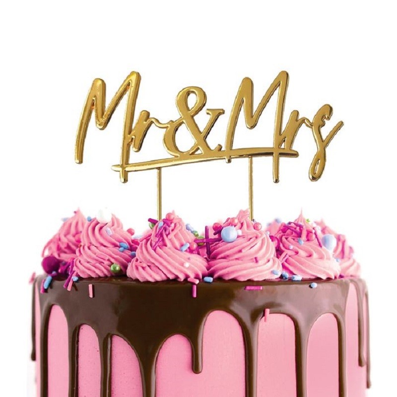 MR & MRS Gold metal cake topper