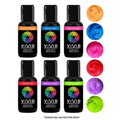 Vivid 6 pack gel paste food colouring 21g bottles ELECTRIC orange, blue, pink, red, purple, green.