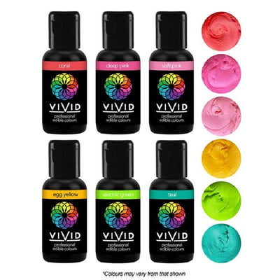 Vivid 6 pack gel paste food colouring 21g bottles Tropical colours (Coral, Pink, Yellow, Bright Green, Teal).