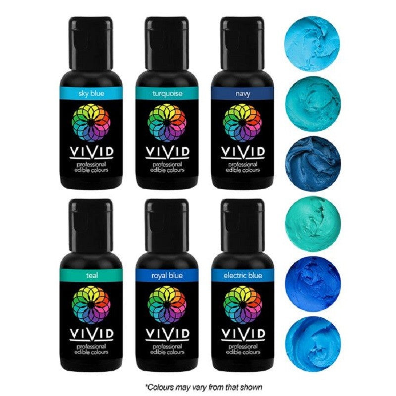 Vivid 6 pack gel paste food colouring 21g bottles Ocean Blues (Food colouring pack includes Sky Blue, Turquoise, Navy, Teal, Royal Blue, and Electric Blue colouring)