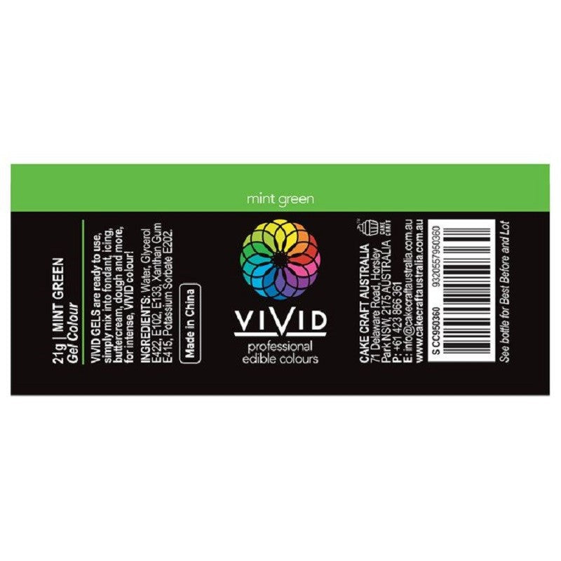 Vivid Gel paste food colouring Mint Green Information label