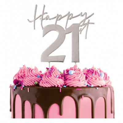 Silver METAL CAKE TOPPER HAPPY 21st Style 1