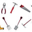 A collection of various hand tools and garden equipment designed for cutting fondant and gumpaste, including a screwdriver, hammer, saw, watering can, and more.