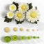 daisy icing flower boquet with stamp examples next to icing flower centres in 6 sizes