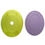 An oval-shaped cookie cutters, in green and an icing example in purple  in purple, with a fluted edge design.