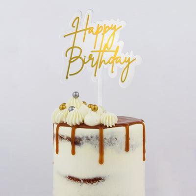 Layered clear topper with Gold HAPPY BIRTHDAY Acrylic economy topper