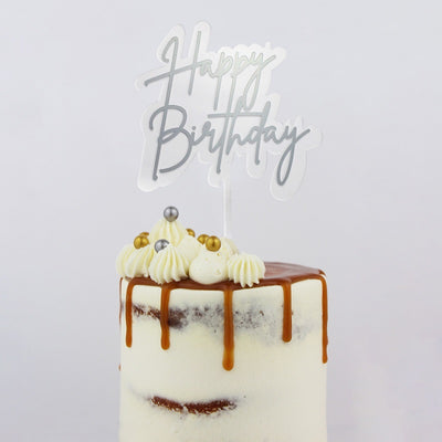 Layered clear topper with Silver HAPPY BIRTHDAY Acrylic economy topper