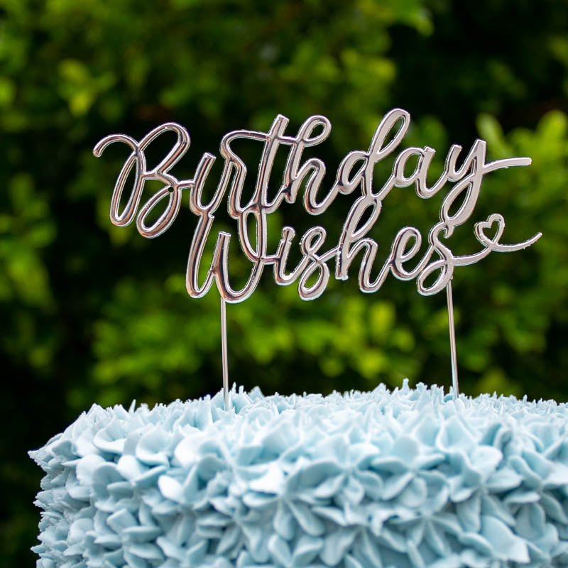 Birthday Wishes silver metal cake topper