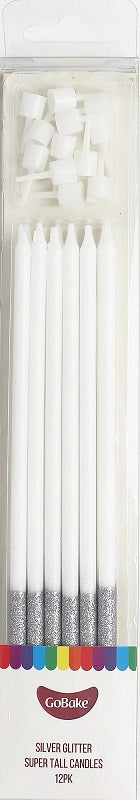 Super Tall SILVER glitter white long candles 18cm (12PK)