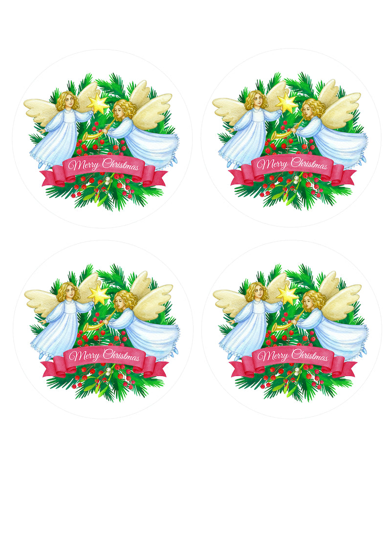 A4 Edible icing image 4x 9.5cm diameter per sheet Merry Christmas Angels