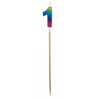 Long wooden pick candle Number 1 Metallic Rainbow