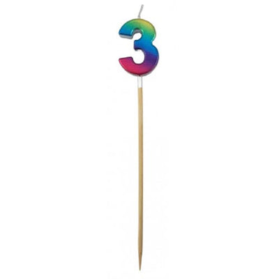 Long wooden pick candle Number 3 Metallic Rainbow
