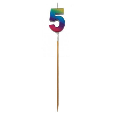 Long wooden pick candle Number 5 Metallic Rainbow