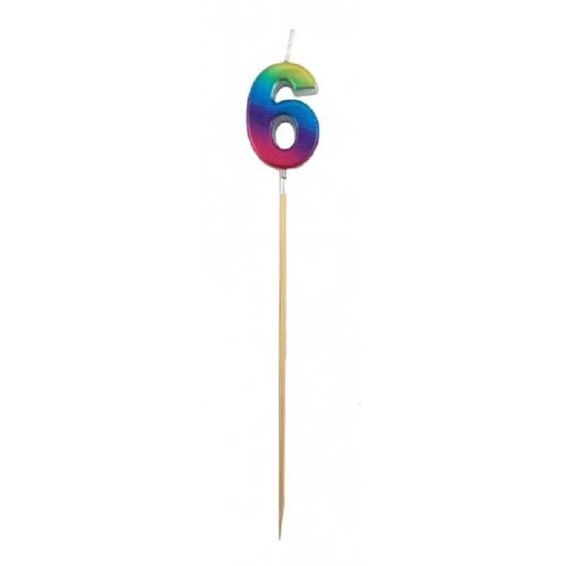 Long wooden pick candle Number 6 Metallic Rainbow