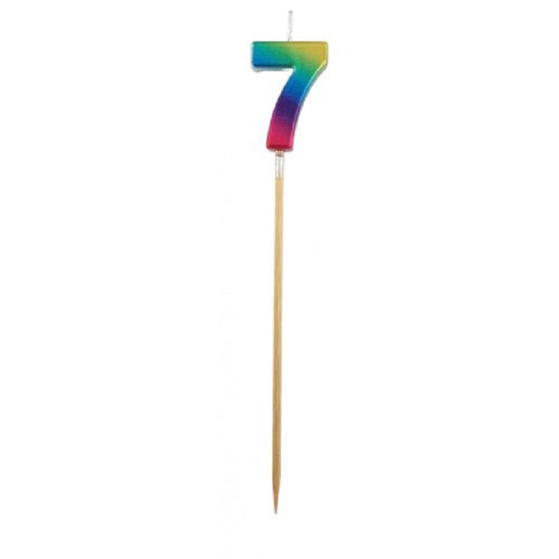 Long wooden pick candle Number 7 Metallic Rainbow
