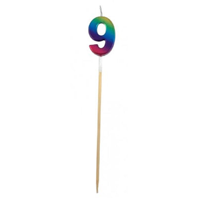Long wooden pick candle Number 9 Metallic Rainbow