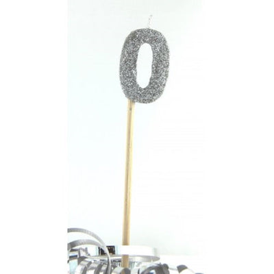Long wooden pick candle Number 0 Silver Glitter