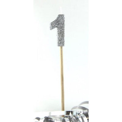 Long wooden pick candle Number 1 Silver Glitter