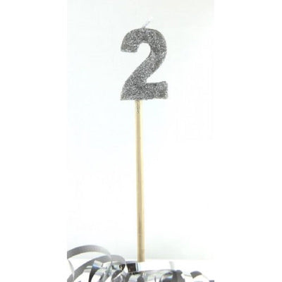 Long wooden pick candle Number 2 Silver Glitter