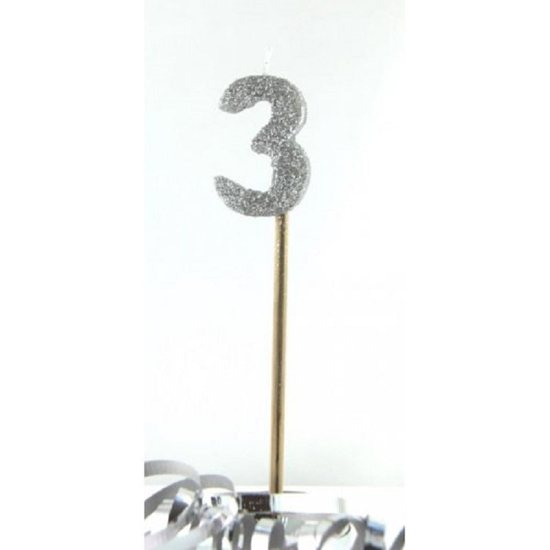 Long wooden pick candle Number 3 Silver Glitter