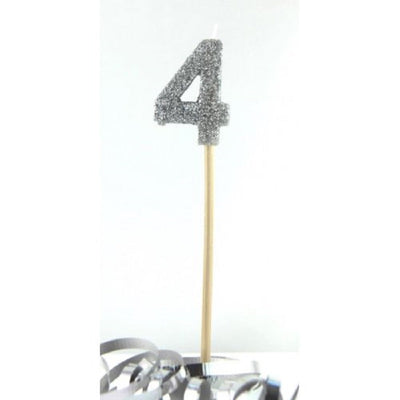 Long wooden pick candle Number 4 Silver Glitter