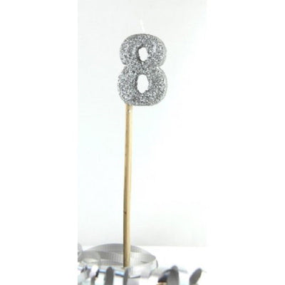 Long wooden pick candle Number 8 Silver Glitter