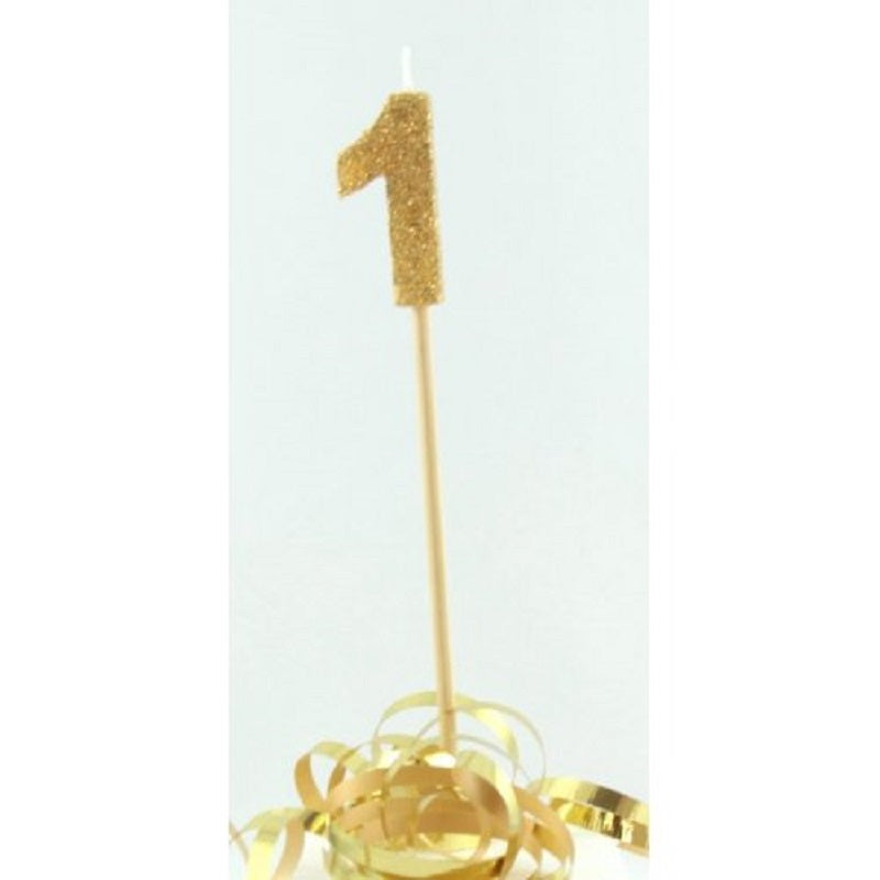 Long wooden pick candle Number 1 Gold Glitter