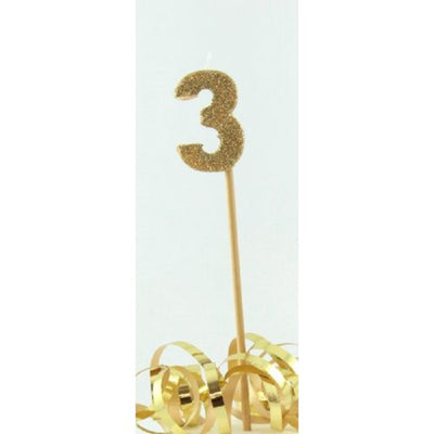 Long wooden pick candle Number 3 Gold Glitter