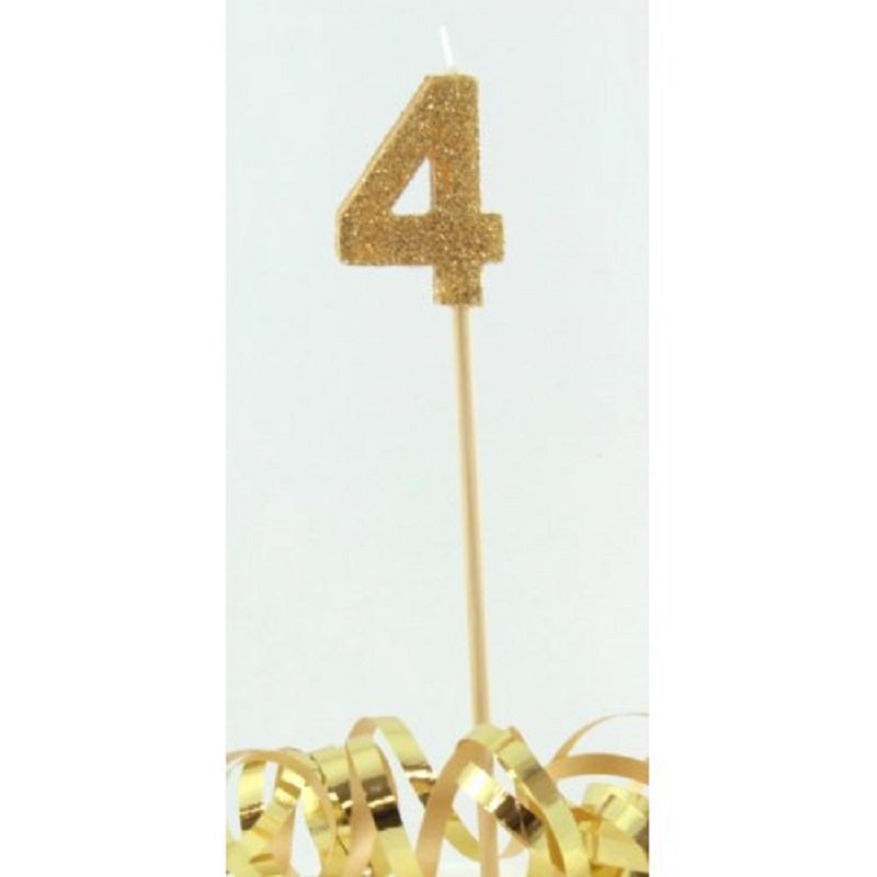 Long wooden pick candle Number 4 Gold Glitter