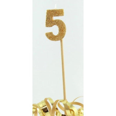 Long wooden pick candle Number 5 Gold Glitter