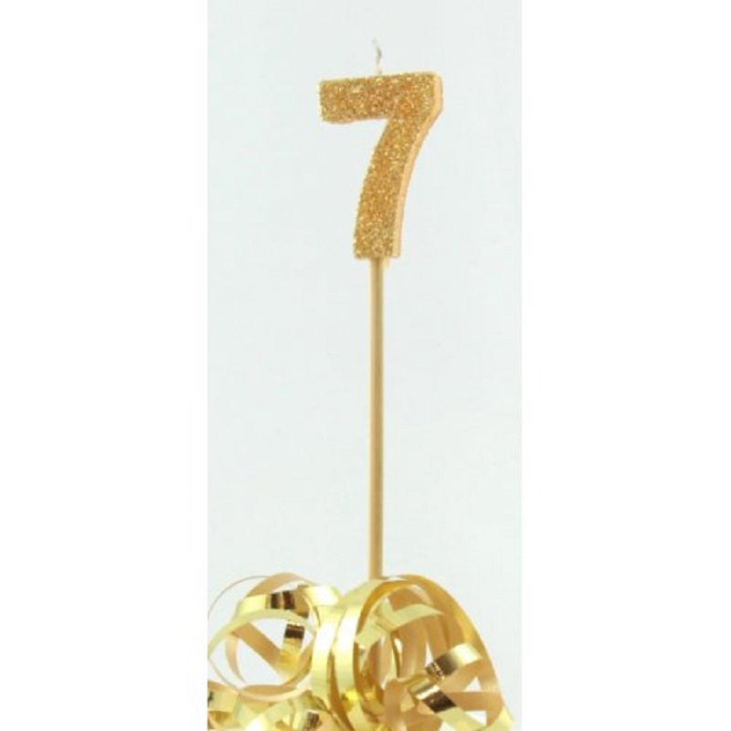 Long wooden pick candle Number 7 Gold Glitter