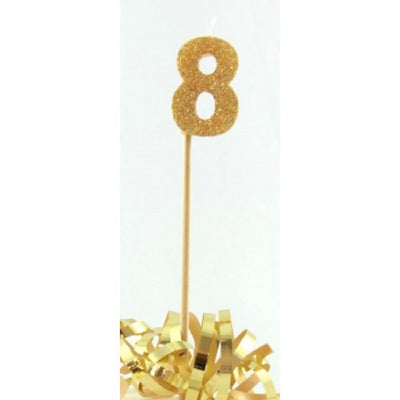 Long wooden pick candle Number 8 Gold Glitter