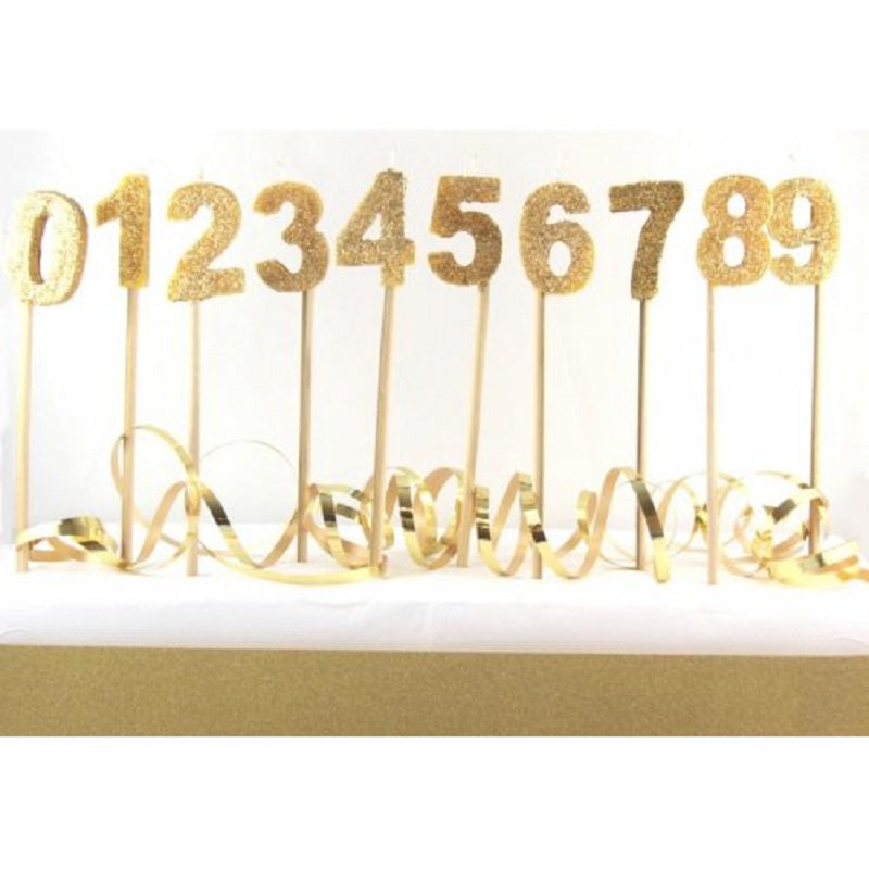 Long wooden pick candle Number 6 Gold Glitter