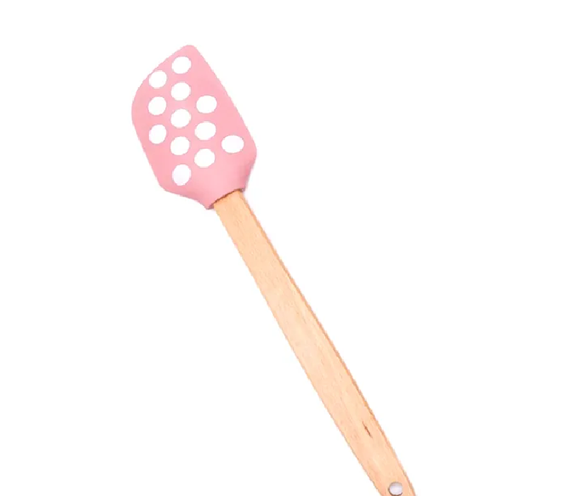 Pink polka dot silicone scraper spatula wooden handle