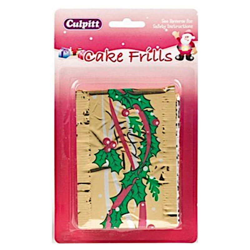 Christmas cake Frill Metallic gold with large holly 914mm x 83mm wide Kiwicakes